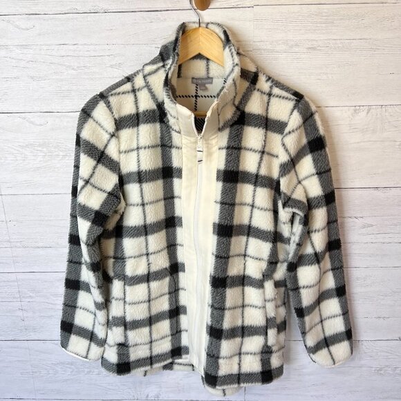 T by Talbots Jacket Womens SZ MP Black and White Merry Plaid Cozy Sherpa Outdoor - Picture 9 of 14